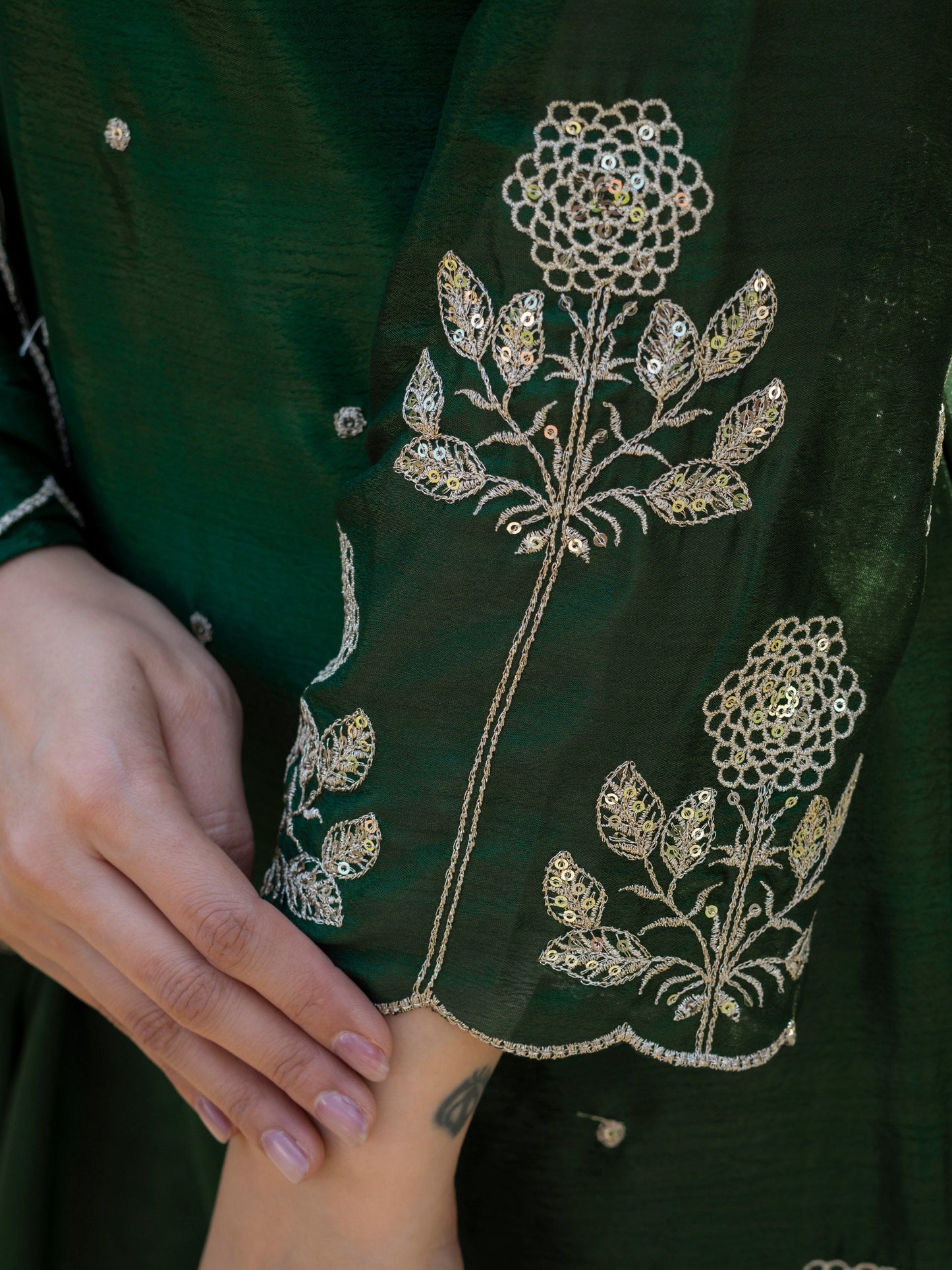 Festival Wear Green Color Chinnon Embroidered Palazzo Suit
