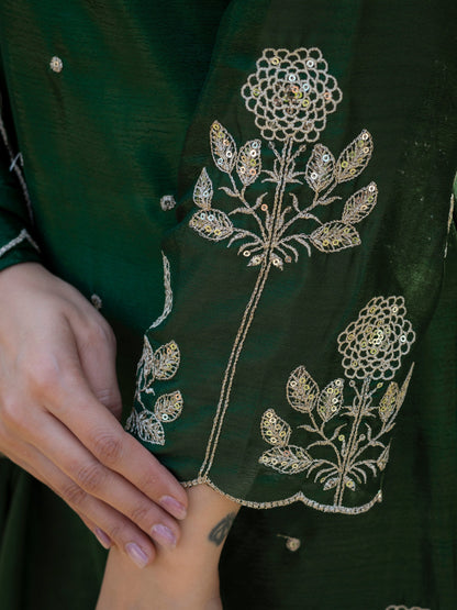 Festival Wear Green Color Chinnon Embroidered Palazzo Suit