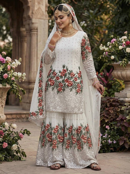 Alluring White Color Heavy Embroidered Sequence Work Sharara Suit