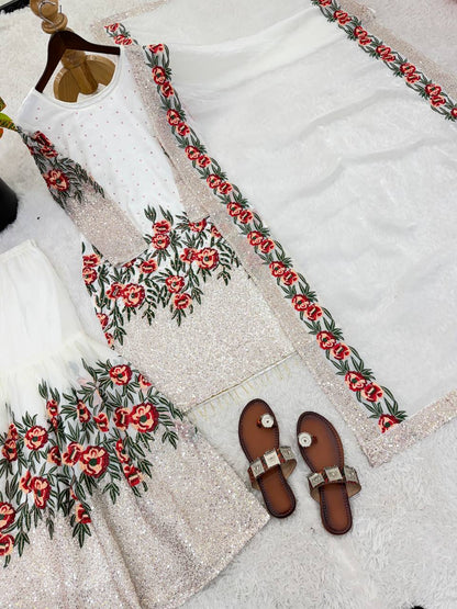 Alluring White Color Heavy Embroidered Sequence Work Sharara Suit
