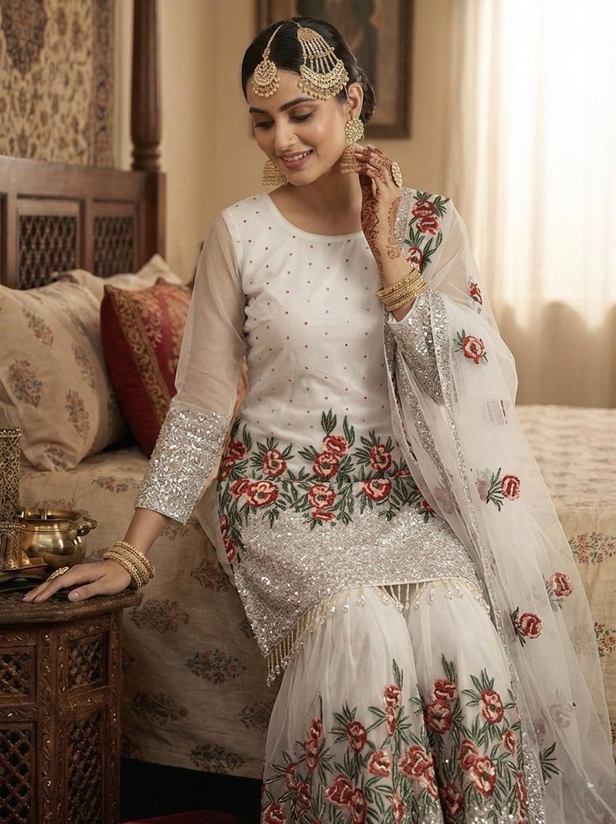 Alluring White Color Heavy Embroidered Sequence Work Sharara Suit