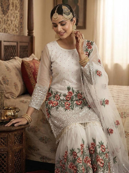 Alluring White Color Heavy Embroidered Sequence Work Sharara Suit