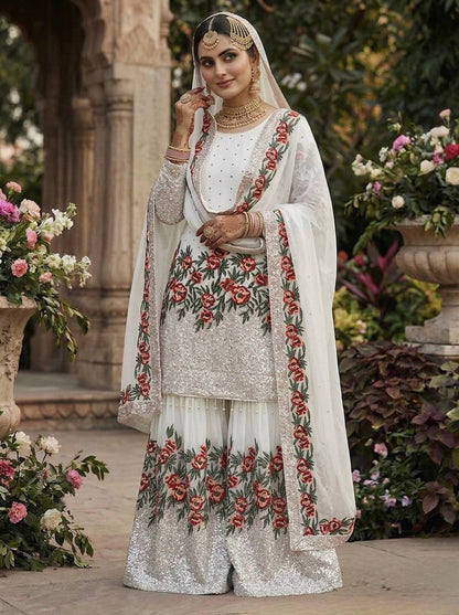 Alluring White Color Heavy Embroidered Sequence Work Sharara Suit
