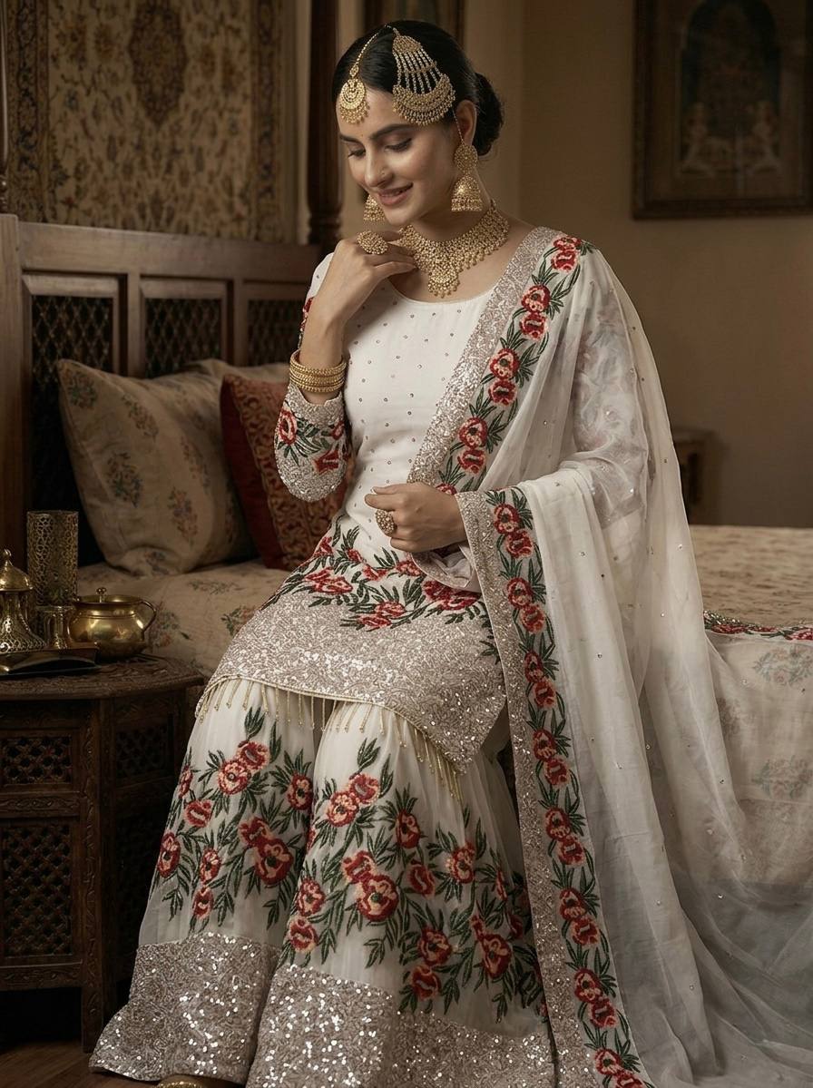 Alluring White Color Heavy Embroidered Sequence Work Sharara Suit