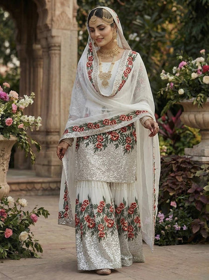Alluring White Color Heavy Embroidered Sequence Work Sharara Suit