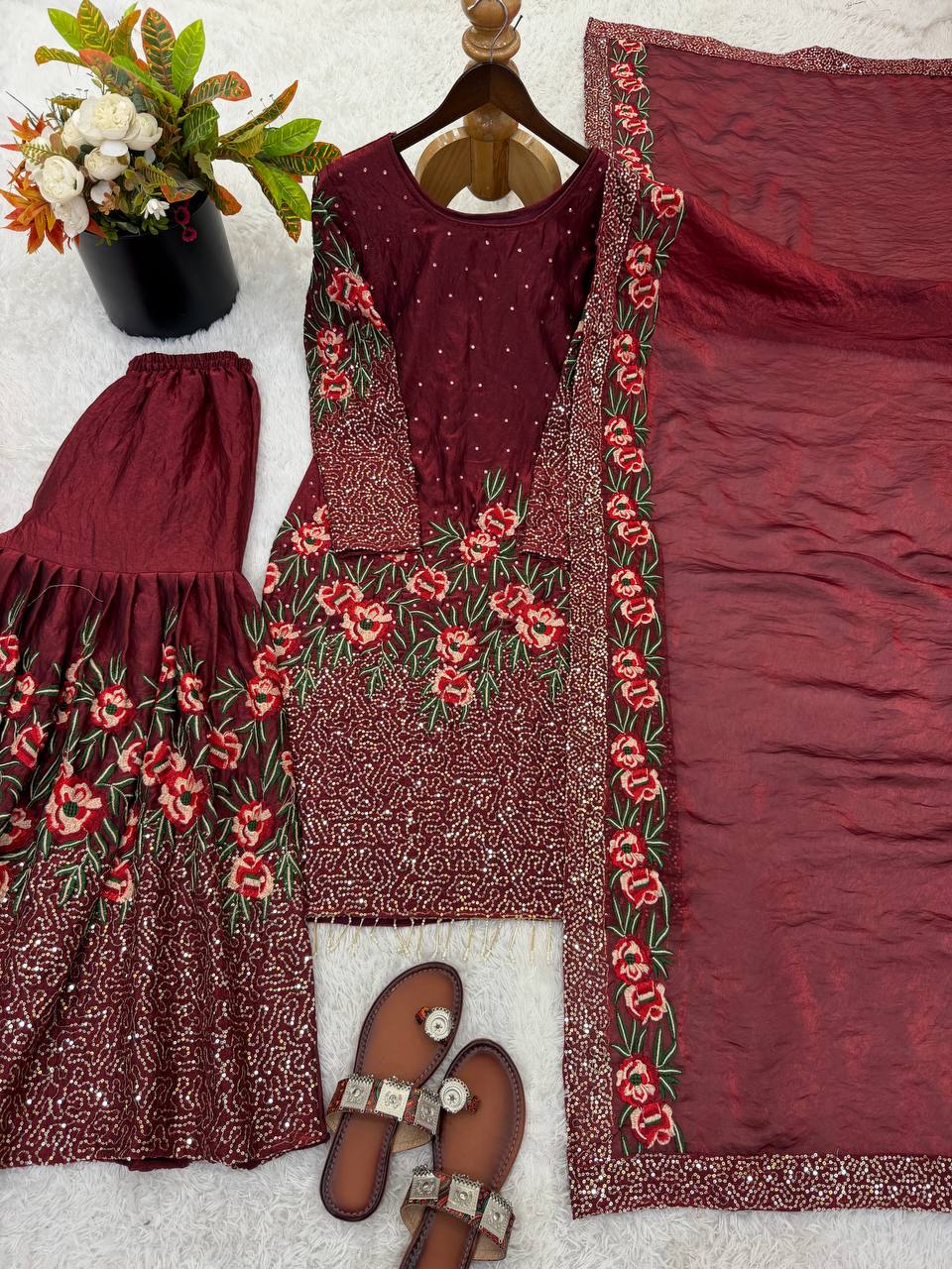 Mesmerizing Maroon Color Heavy Embroidered Sequence Work Sharara Suit