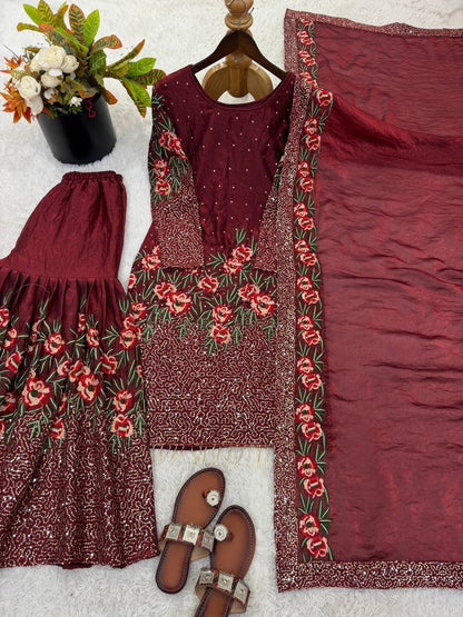 Mesmerizing Maroon Color Heavy Embroidered Sequence Work Sharara Suit