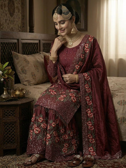 Mesmerizing Maroon Color Heavy Embroidered Sequence Work Sharara Suit