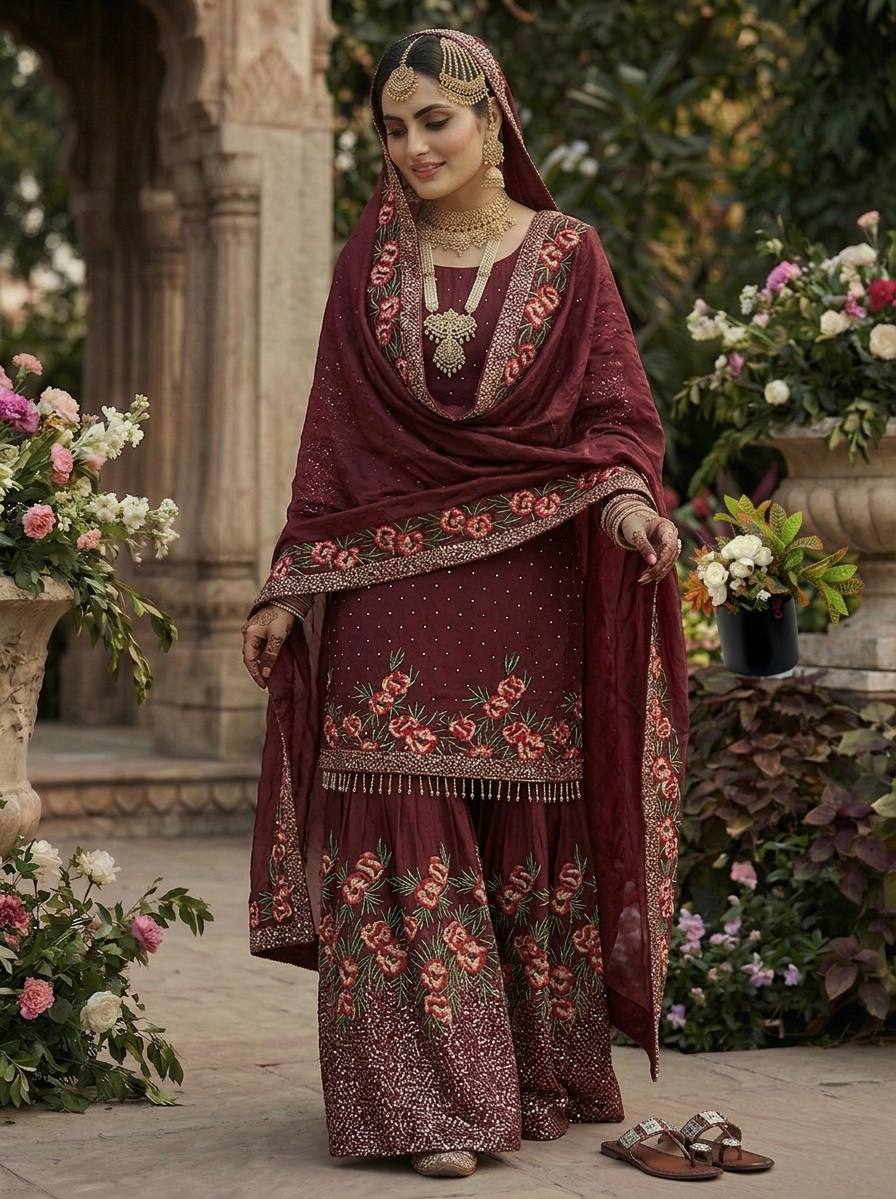 Mesmerizing Maroon Color Heavy Embroidered Sequence Work Sharara Suit
