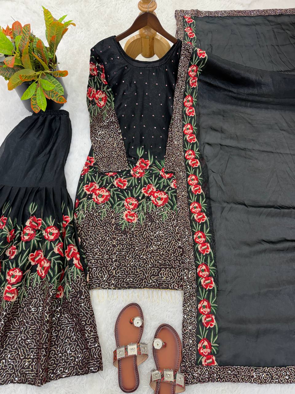 Exclusive Black Color Heavy Embroidered Sequence Work Sharara Suit