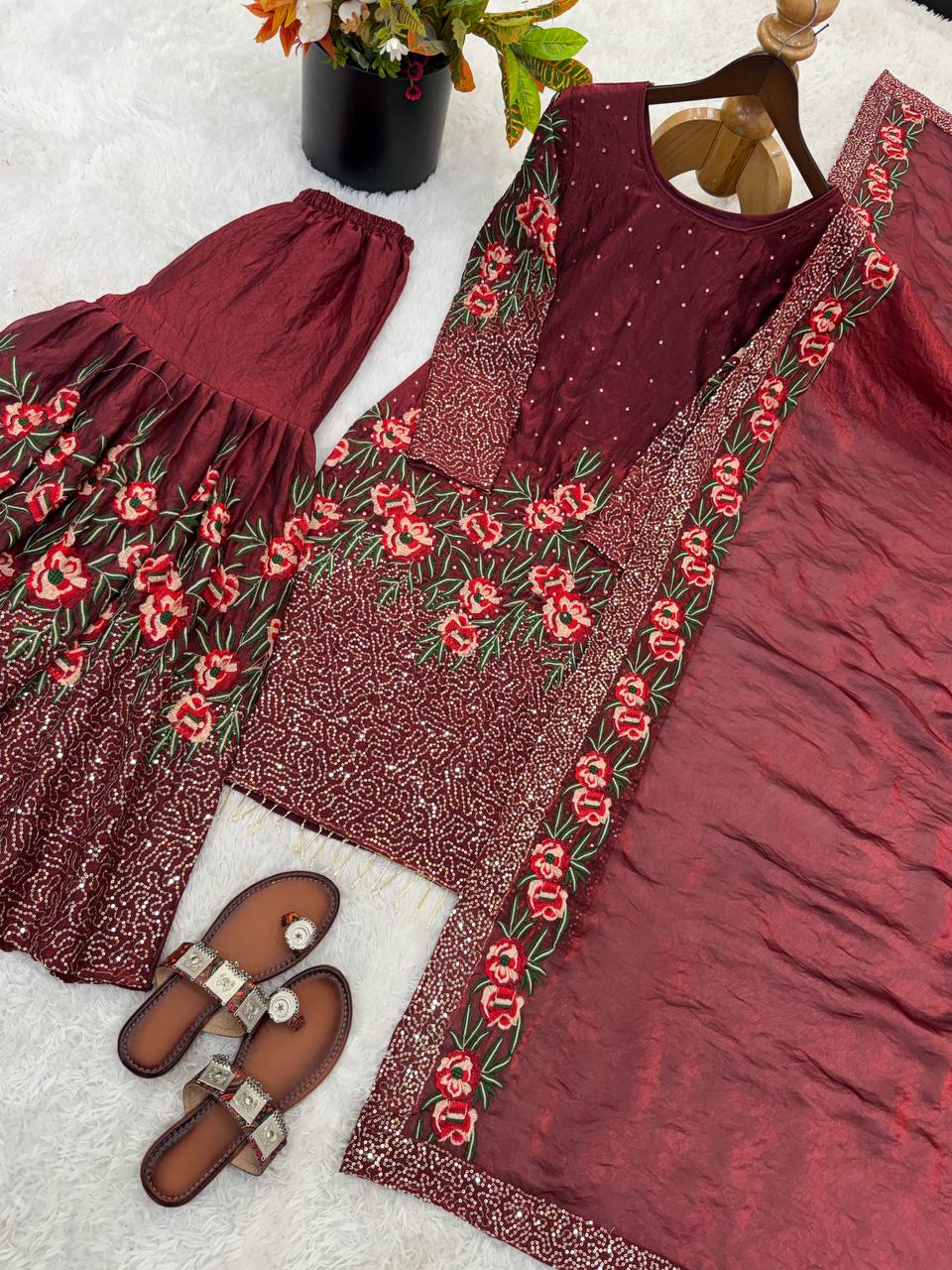 Mesmerizing Maroon Color Heavy Embroidered Sequence Work Sharara Suit