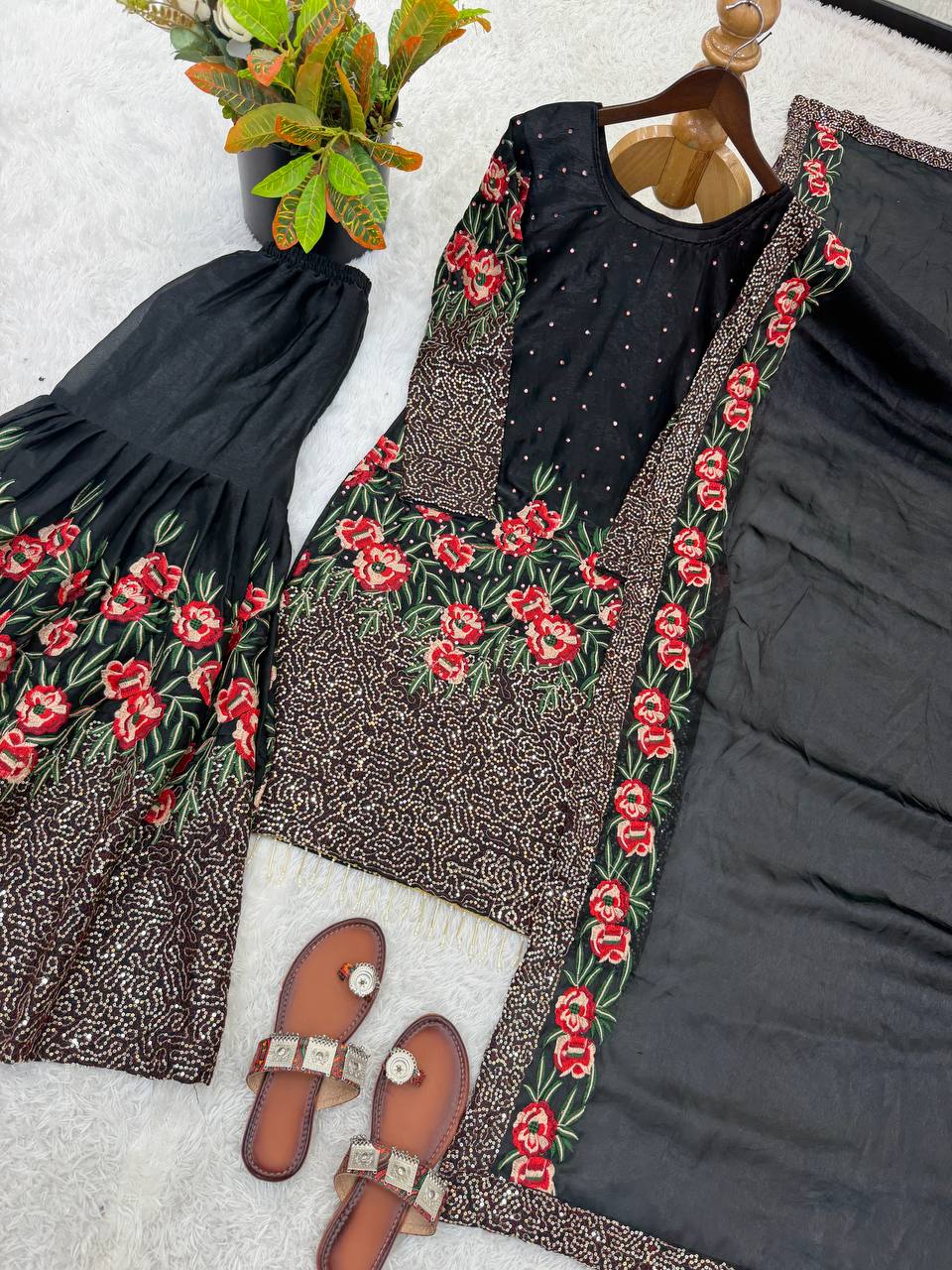 Exclusive Black Color Heavy Embroidered Sequence Work Sharara Suit