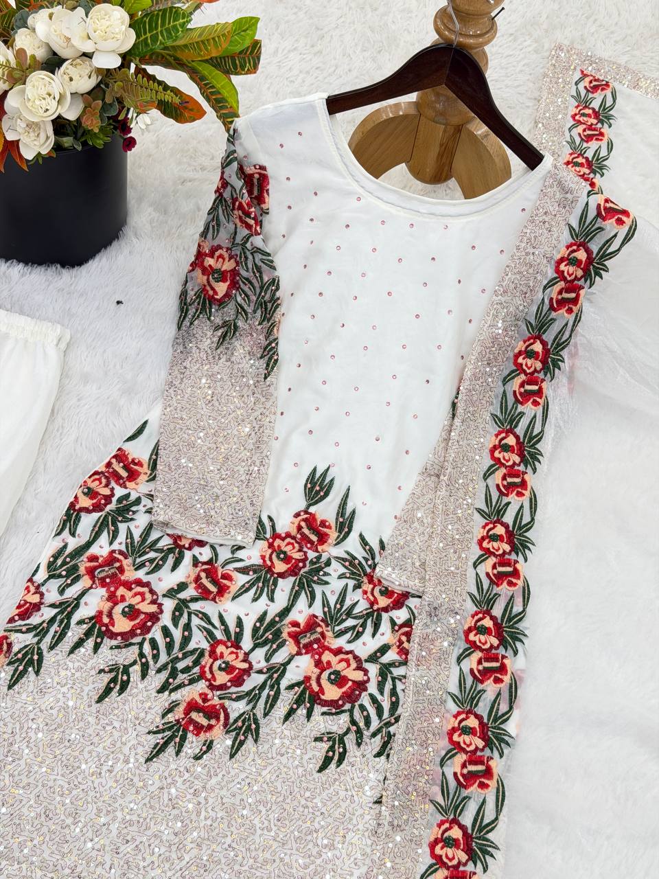 Alluring White Color Heavy Embroidered Sequence Work Sharara Suit