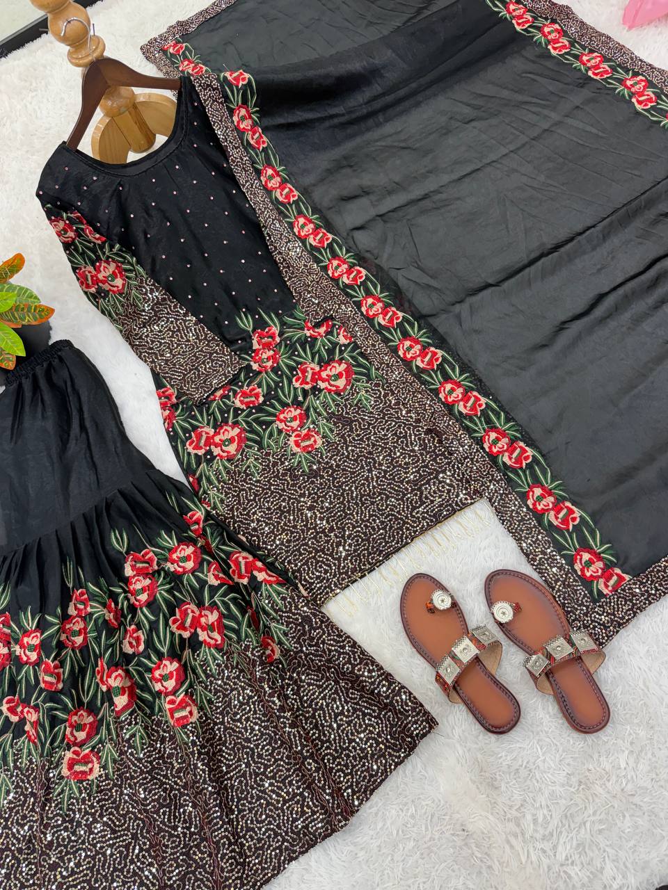 Exclusive Black Color Heavy Embroidered Sequence Work Sharara Suit
