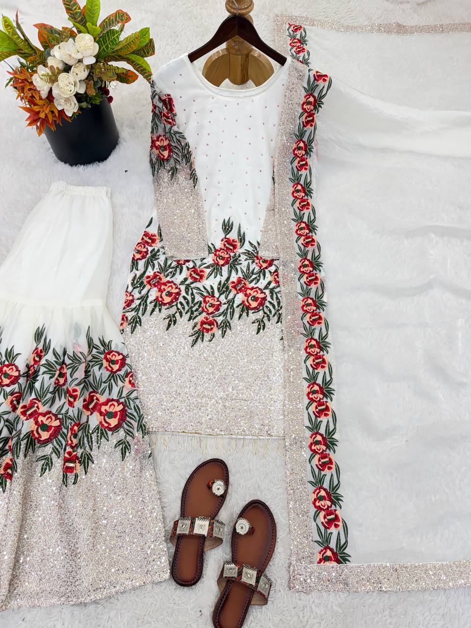 Alluring White Color Heavy Embroidered Sequence Work Sharara Suit
