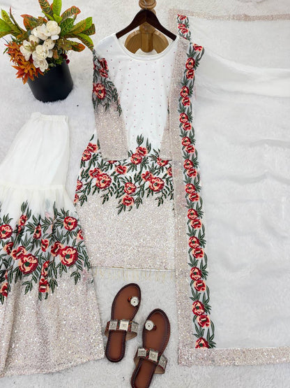 Alluring White Color Heavy Embroidered Sequence Work Sharara Suit