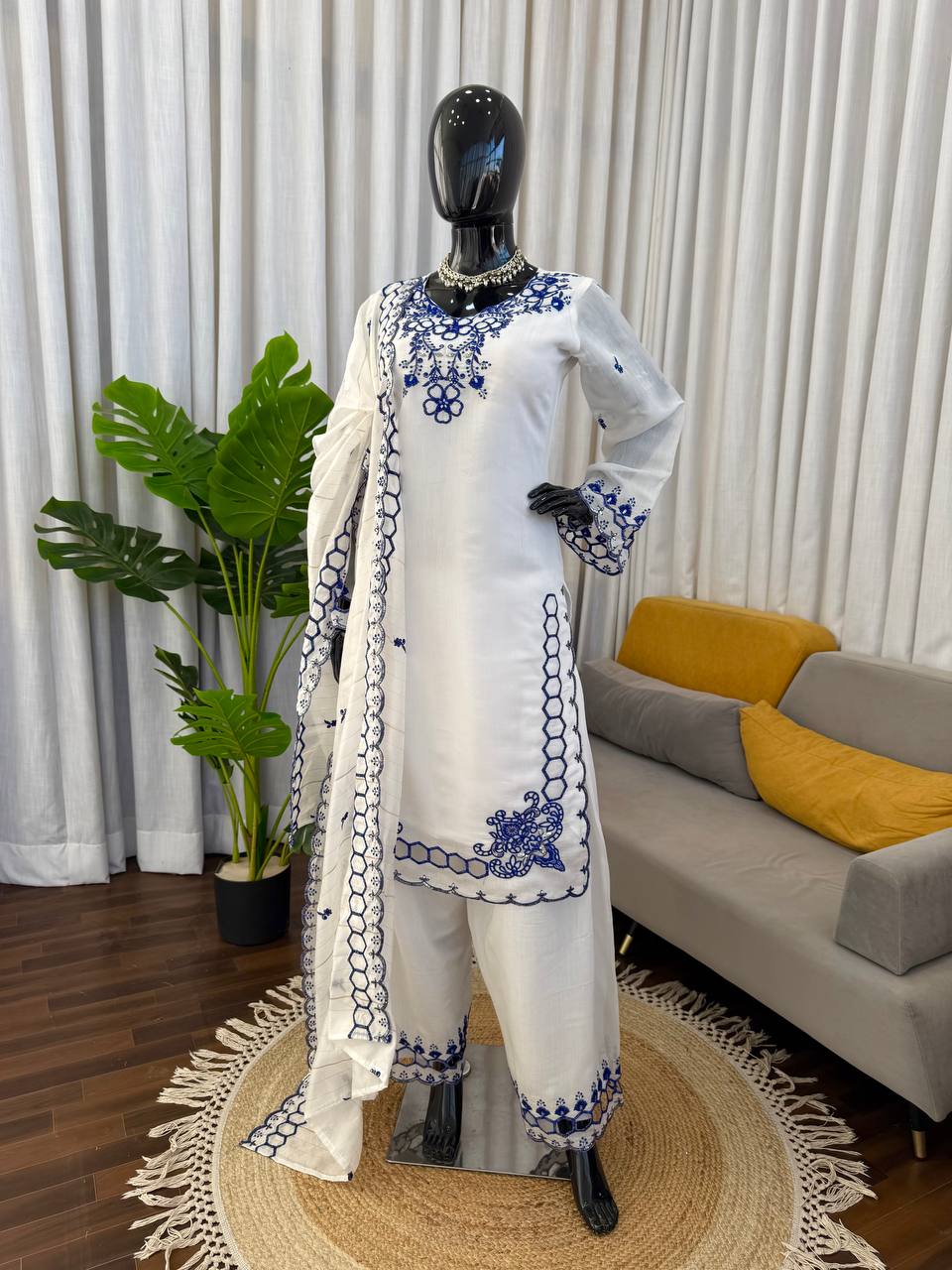 Shining Blue White Color Mull Chanderi Sequence Work Salwar Suit