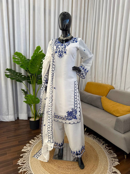 Shining Blue White Color Mull Chanderi Sequence Work Salwar Suit
