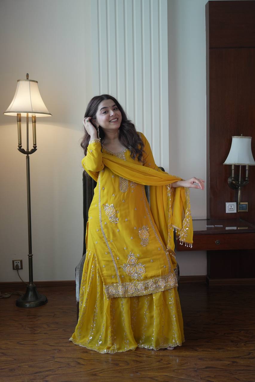 Traditional Wear Yellow Color Faux Georgette Sequence Embroidered Sharara Suit