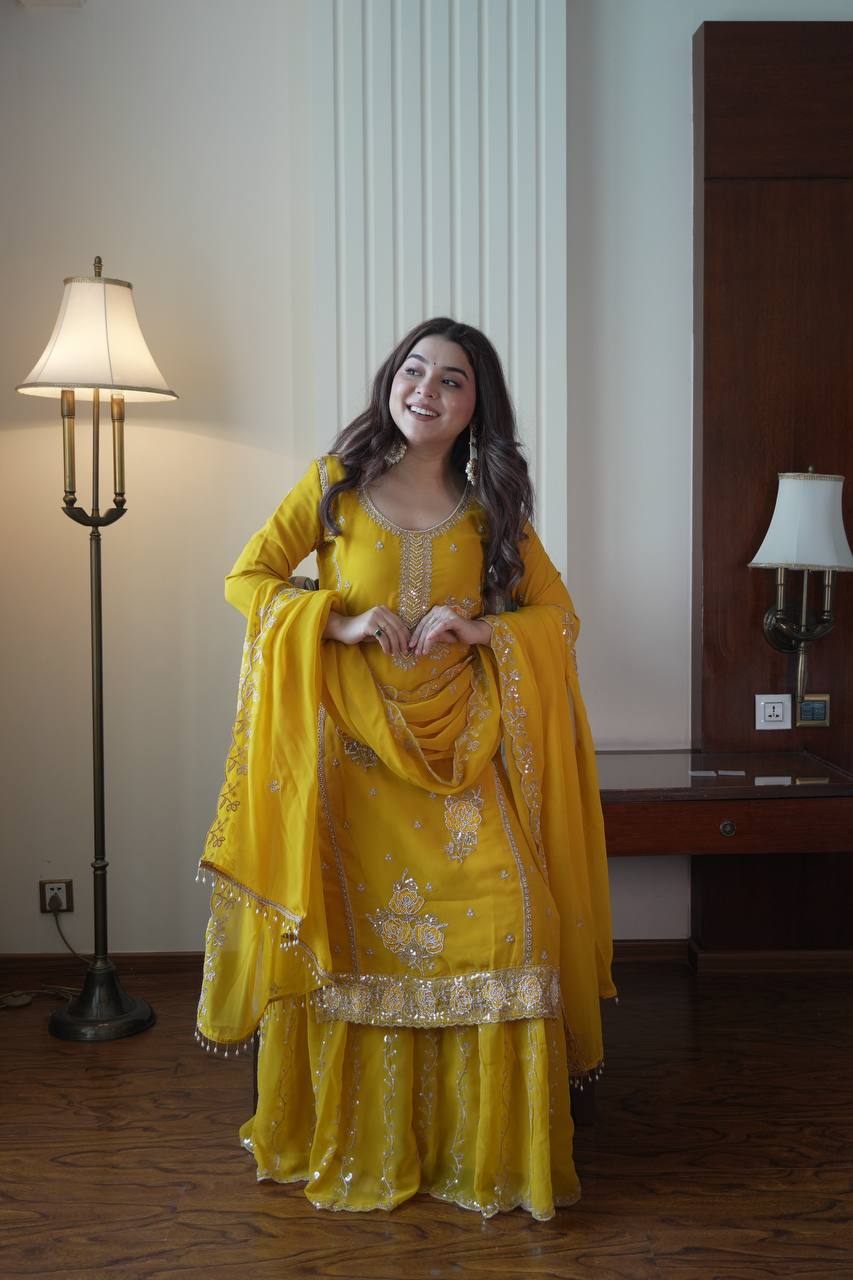 Traditional Wear Yellow Color Faux Georgette Sequence Embroidered Sharara Suit