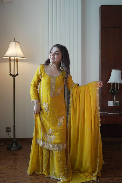 Traditional Wear Yellow Color Faux Georgette Sequence Embroidered Sharara Suit