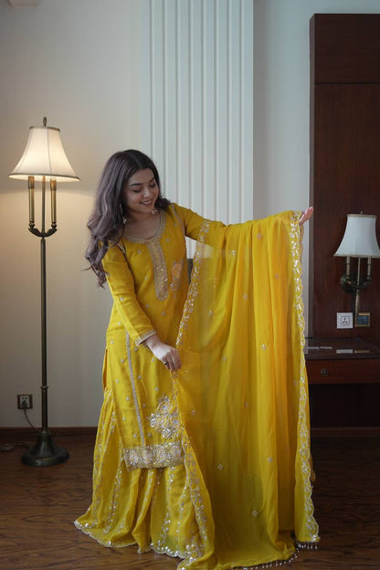 Traditional Wear Yellow Color Faux Georgette Sequence Embroidered Sharara Suit