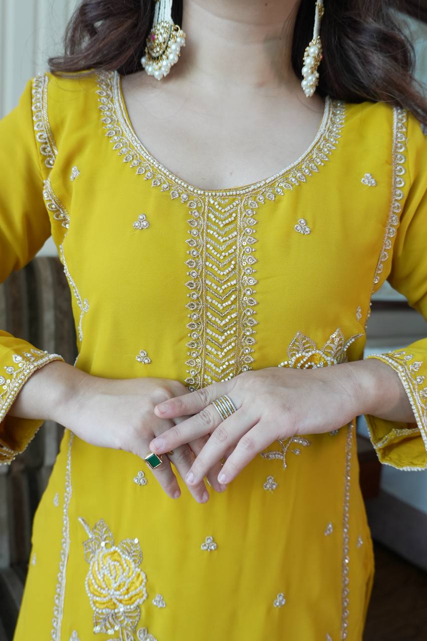 Traditional Wear Yellow Color Faux Georgette Sequence Embroidered Sharara Suit