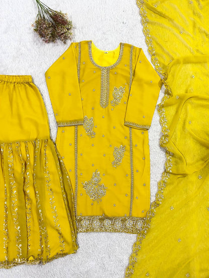Traditional Wear Yellow Color Faux Georgette Sequence Embroidered Sharara Suit