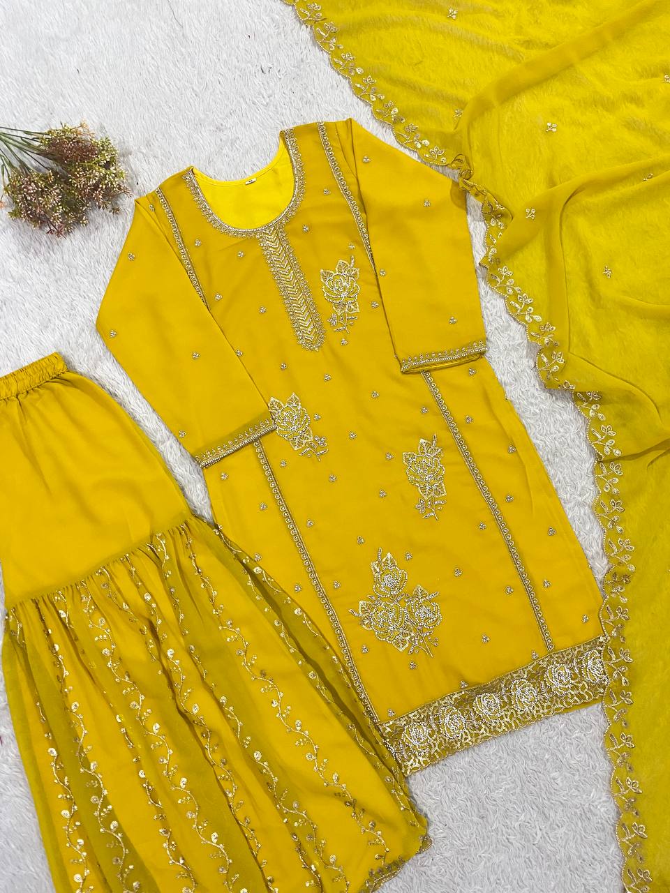 Traditional Wear Yellow Color Faux Georgette Sequence Embroidered Sharara Suit