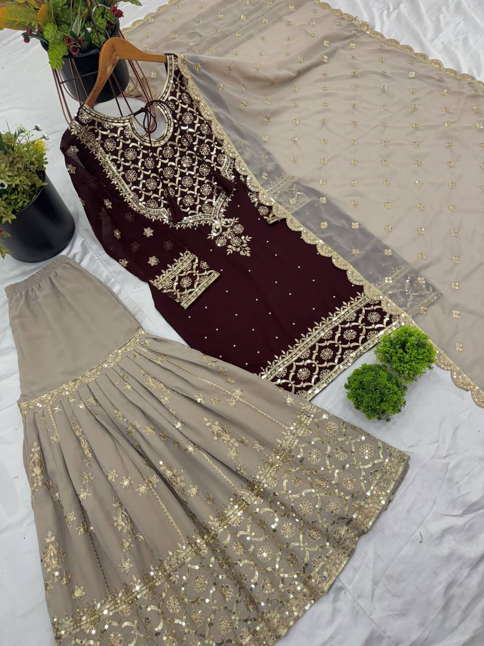 Wedding Wear Brown Color Heavy Faux Georgette With 5mm Embroidery Sequence Work Sharara Suit