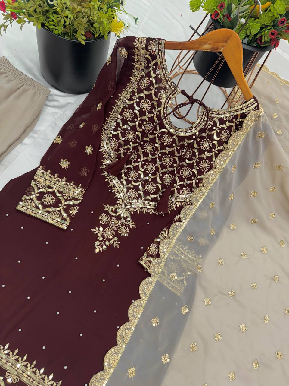 Wedding Wear Brown Color Heavy Faux Georgette With 5mm Embroidery Sequence Work Sharara Suit