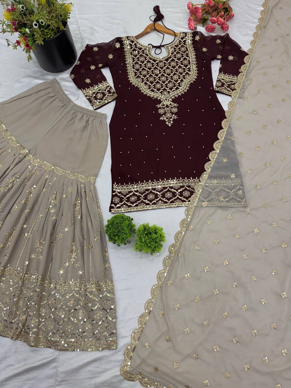 Wedding Wear Brown Color Heavy Faux Georgette With 5mm Embroidery Sequence Work Sharara Suit