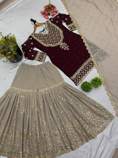 Wedding Wear Brown Color Heavy Faux Georgette With 5mm Embroidery Sequence Work Sharara Suit