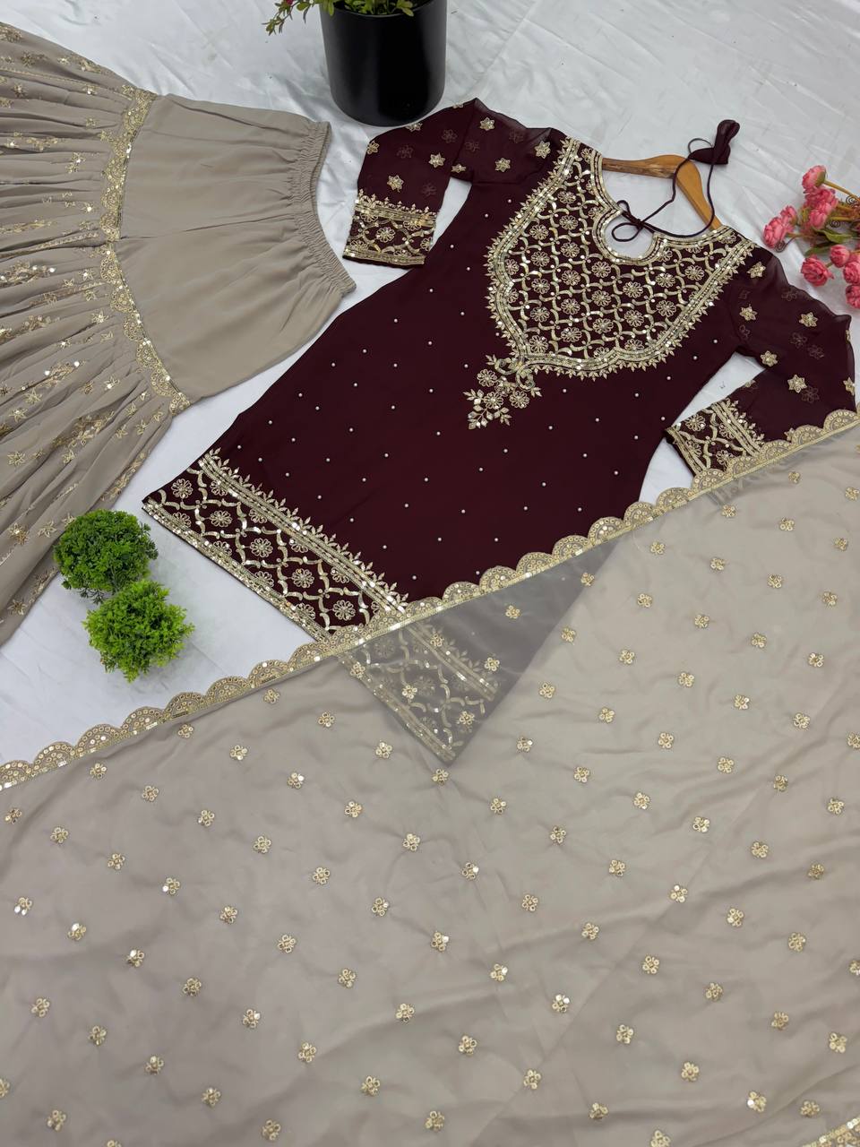 Wedding Wear Brown Color Heavy Faux Georgette With 5mm Embroidery Sequence Work Sharara Suit
