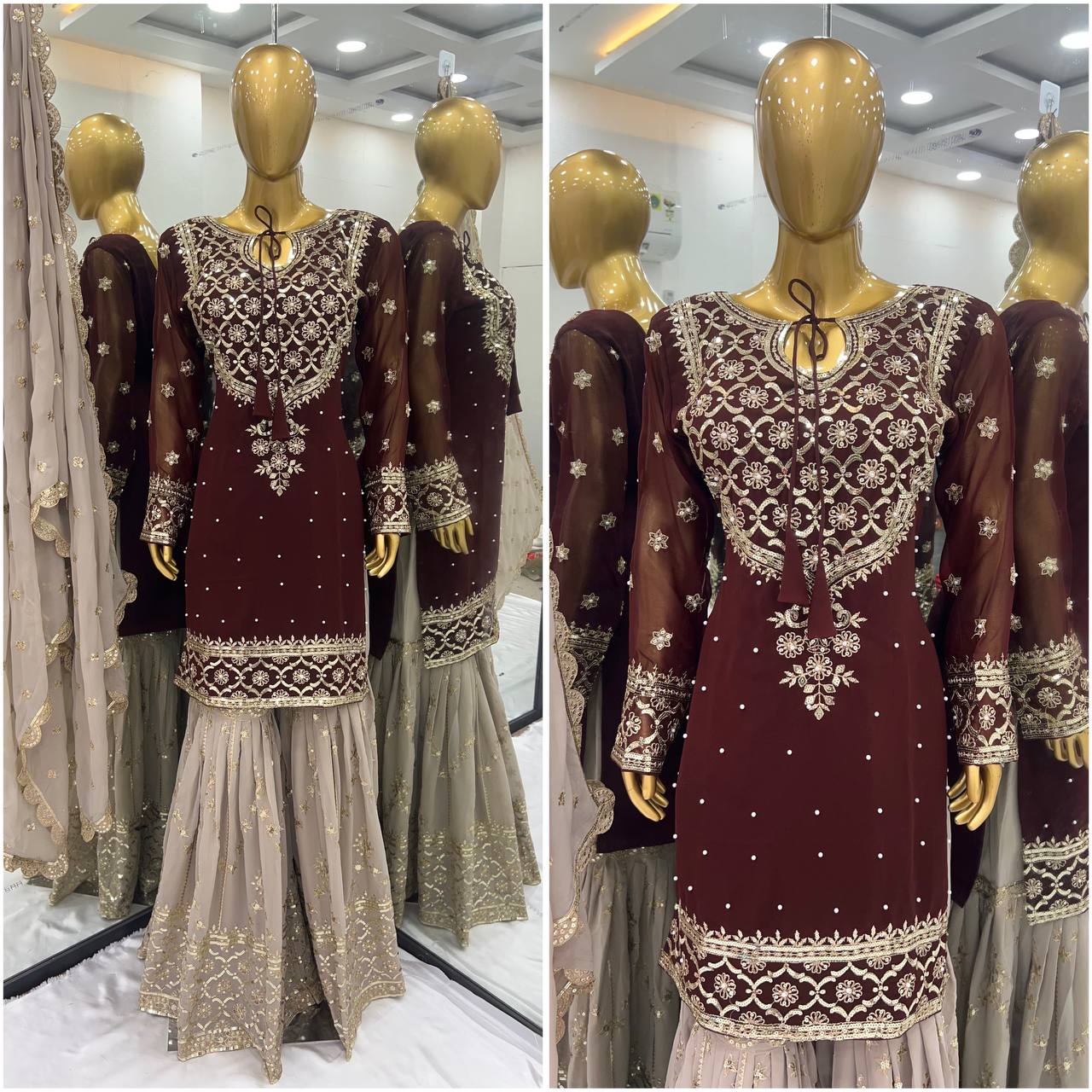 Wedding Wear Brown Color Heavy Faux Georgette With 5mm Embroidery Sequence Work Sharara Suit
