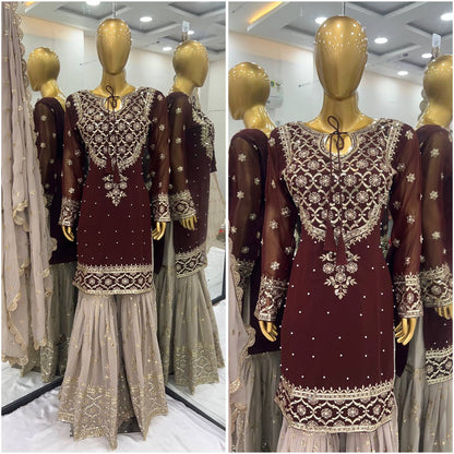 Wedding Wear Brown Color Heavy Faux Georgette With 5mm Embroidery Sequence Work Sharara Suit