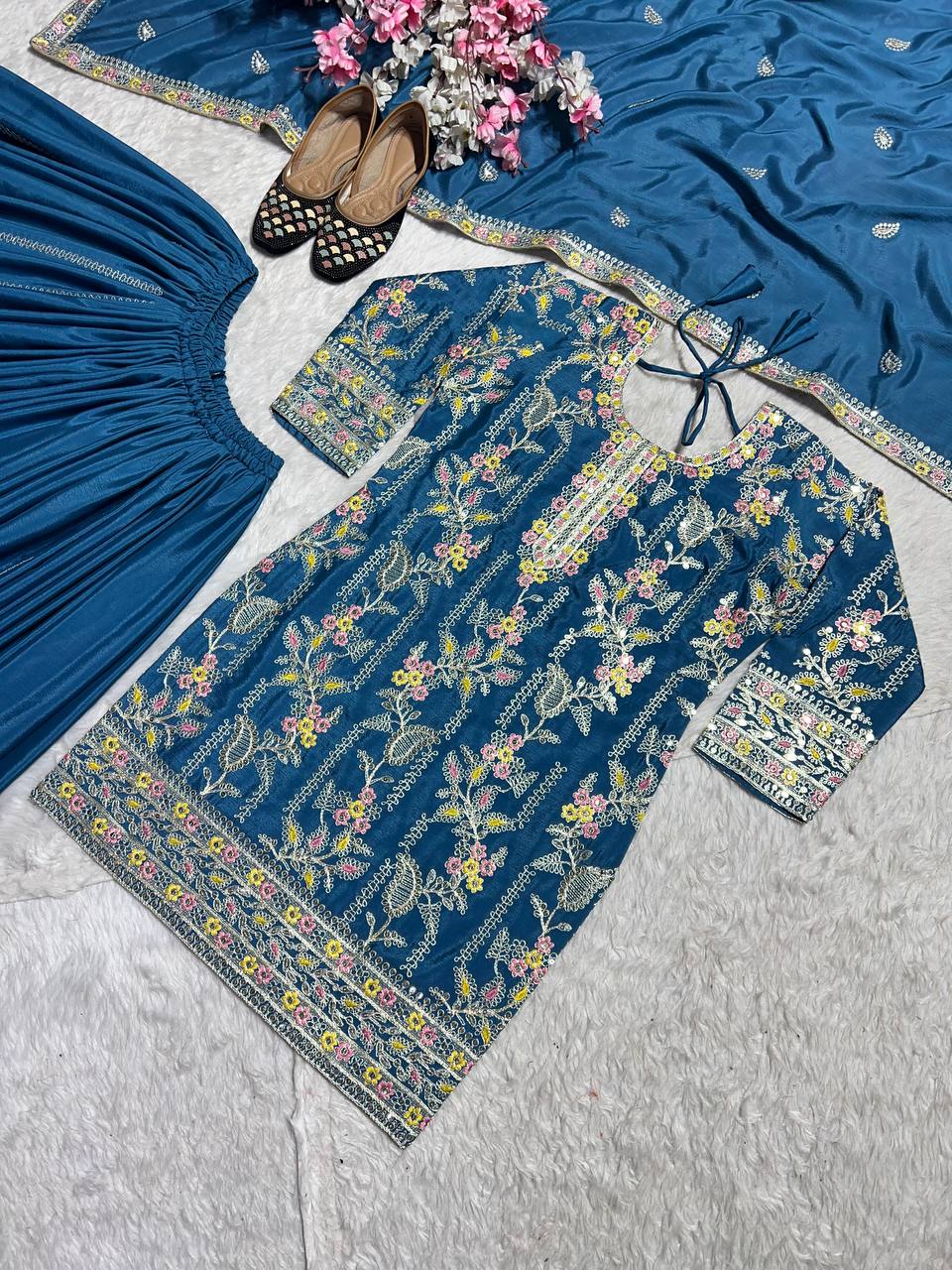 Fabulous Teal Green Pure Chinon Silk With Embroidery Coding Sequence Work Palazzo Suit