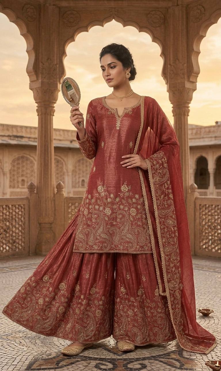 Designer Orange Color Heavy Crunchy Silk Sequence Embroidered Work Sharara Suit
