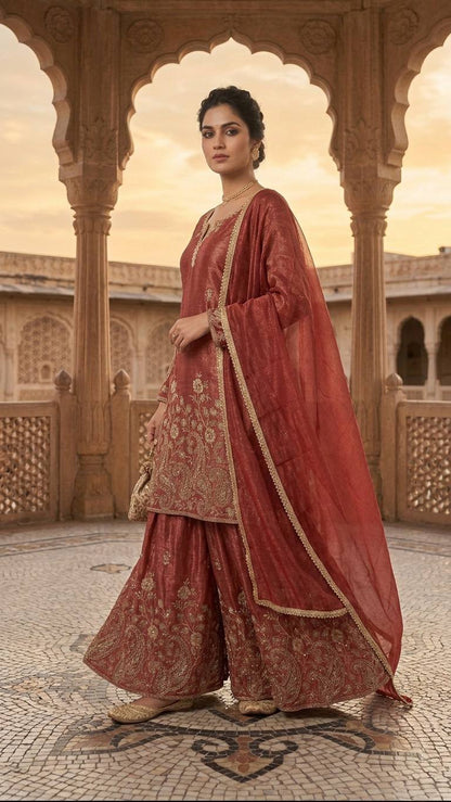 Designer Orange Color Heavy Crunchy Silk Sequence Embroidered Work Sharara Suit