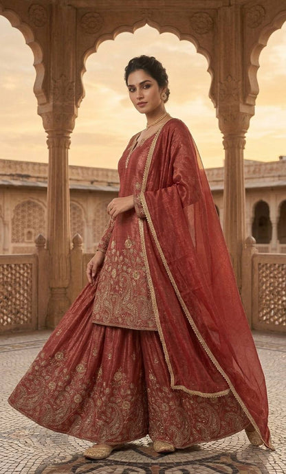 Designer Orange Color Heavy Crunchy Silk Sequence Embroidered Work Sharara Suit