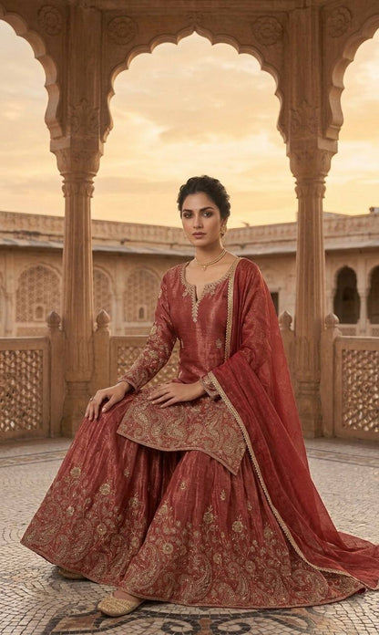 Designer Orange Color Heavy Crunchy Silk Sequence Embroidered Work Sharara Suit