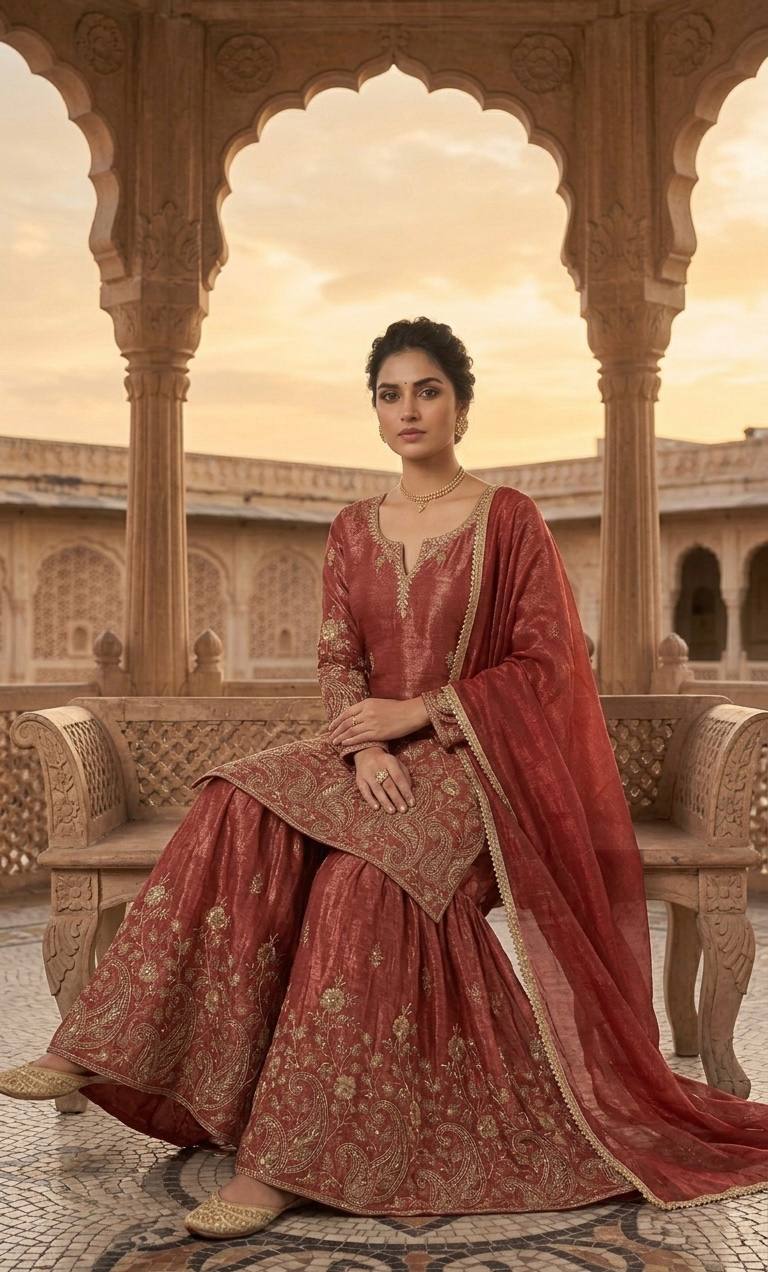 Designer Orange Color Heavy Crunchy Silk Sequence Embroidered Work Sharara Suit