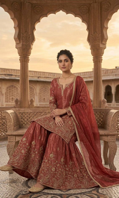 Designer Orange Color Heavy Crunchy Silk Sequence Embroidered Work Sharara Suit