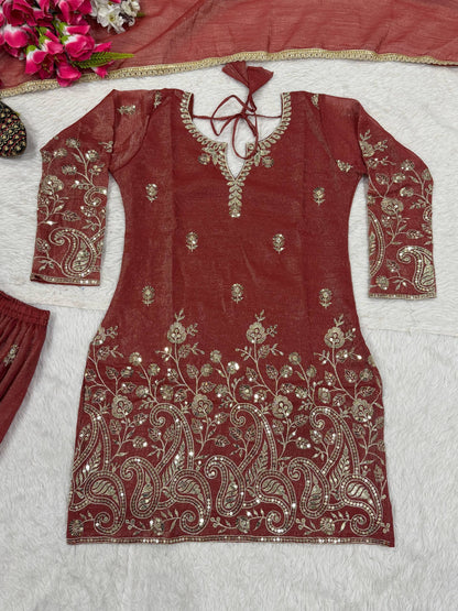 Designer Orange Color Heavy Crunchy Silk Sequence Embroidered Work Sharara Suit