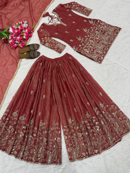 Designer Orange Color Heavy Crunchy Silk Sequence Embroidered Work Sharara Suit