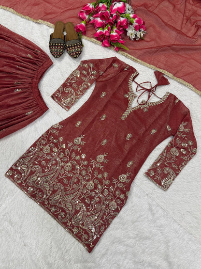 Designer Orange Color Heavy Crunchy Silk Sequence Embroidered Work Sharara Suit