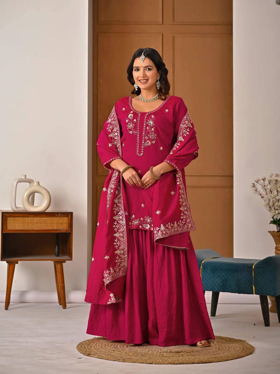 Wedding Wear Pink Color Elegant Bits Work Sharara Suit