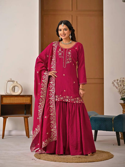 Wedding Wear Pink Color Elegant Bits Work Sharara Suit
