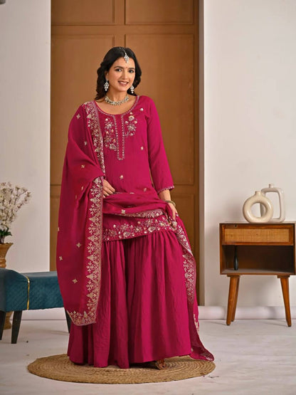 Wedding Wear Pink Color Elegant Bits Work Sharara Suit