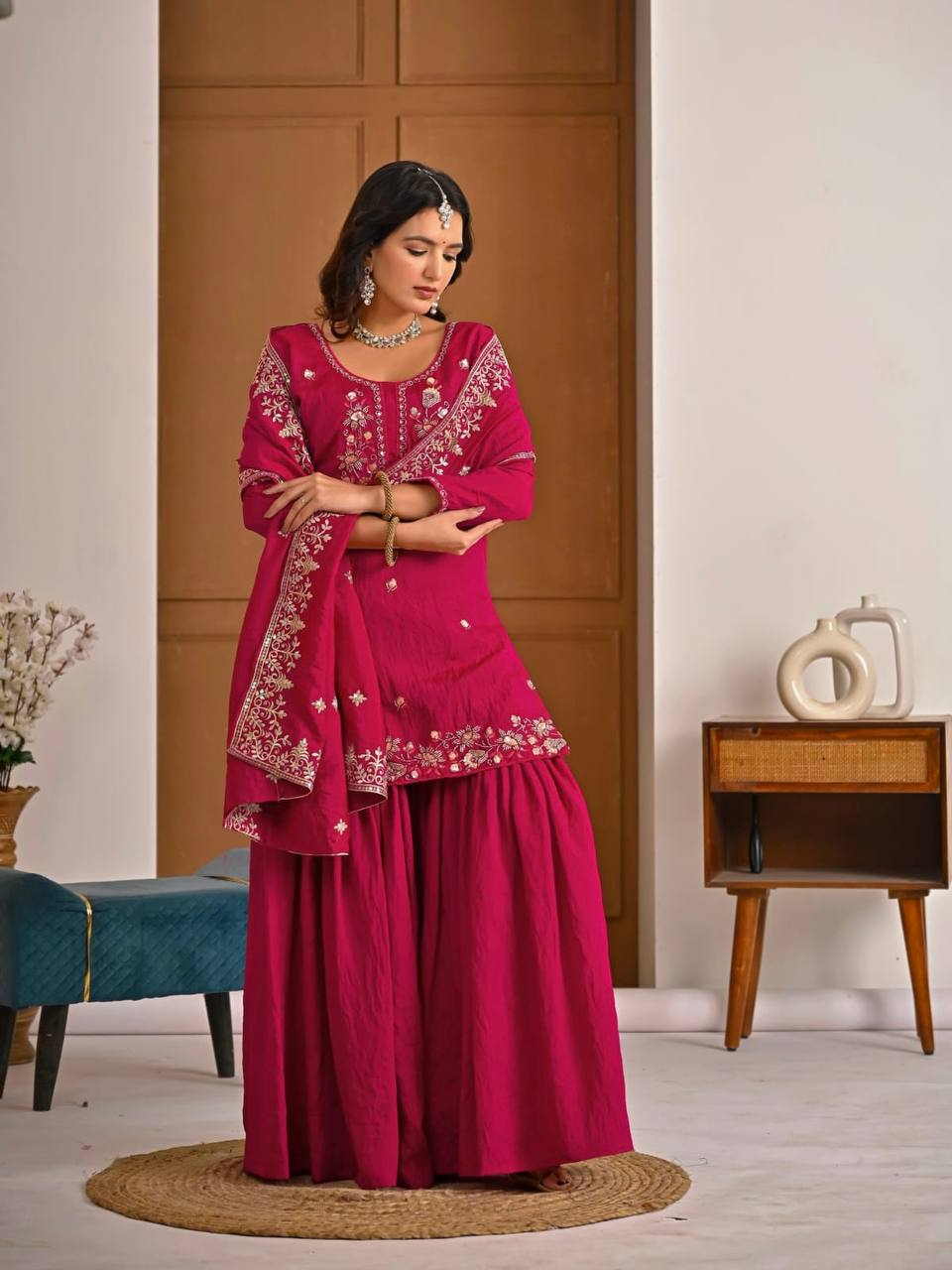 Wedding Wear Pink Color Elegant Bits Work Sharara Suit